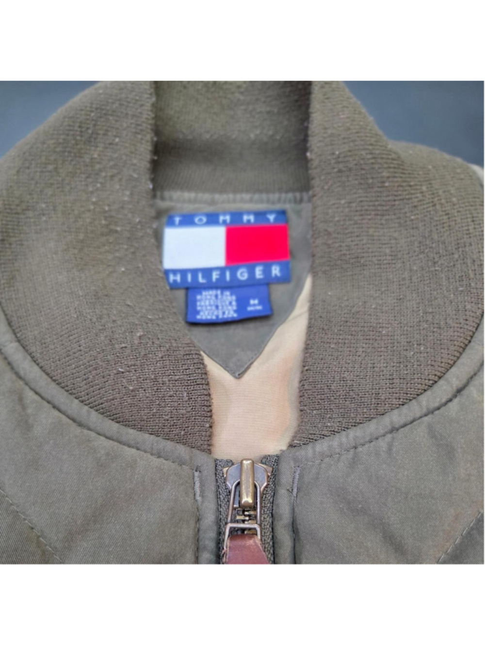 Vintage Tommy Hilfiger Quilted Bomber Jacket Olive Green Full Zip Men's Medium # - Picture 2 of 8